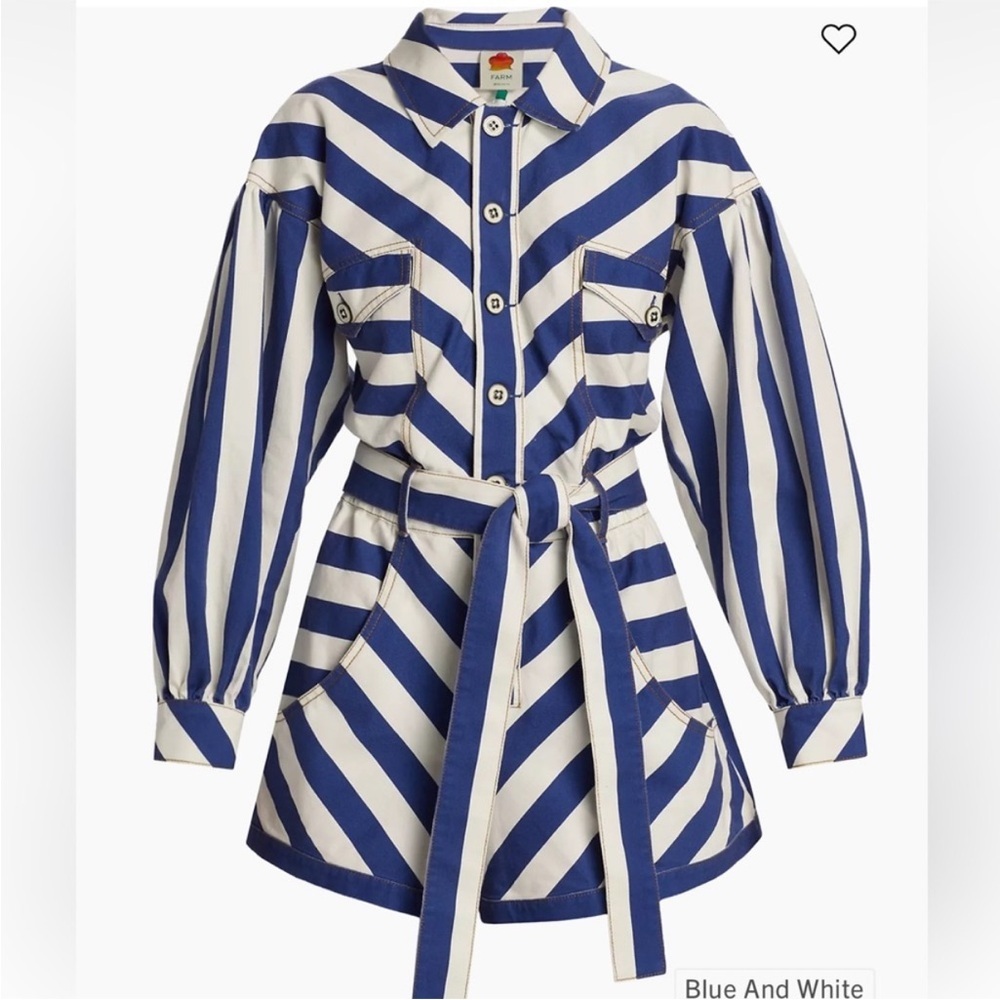 NWT FARM Rio Women’s Blue and White Striped Printed Romper Jumpsuit Tie Belt XXS - Picture 15 of 16